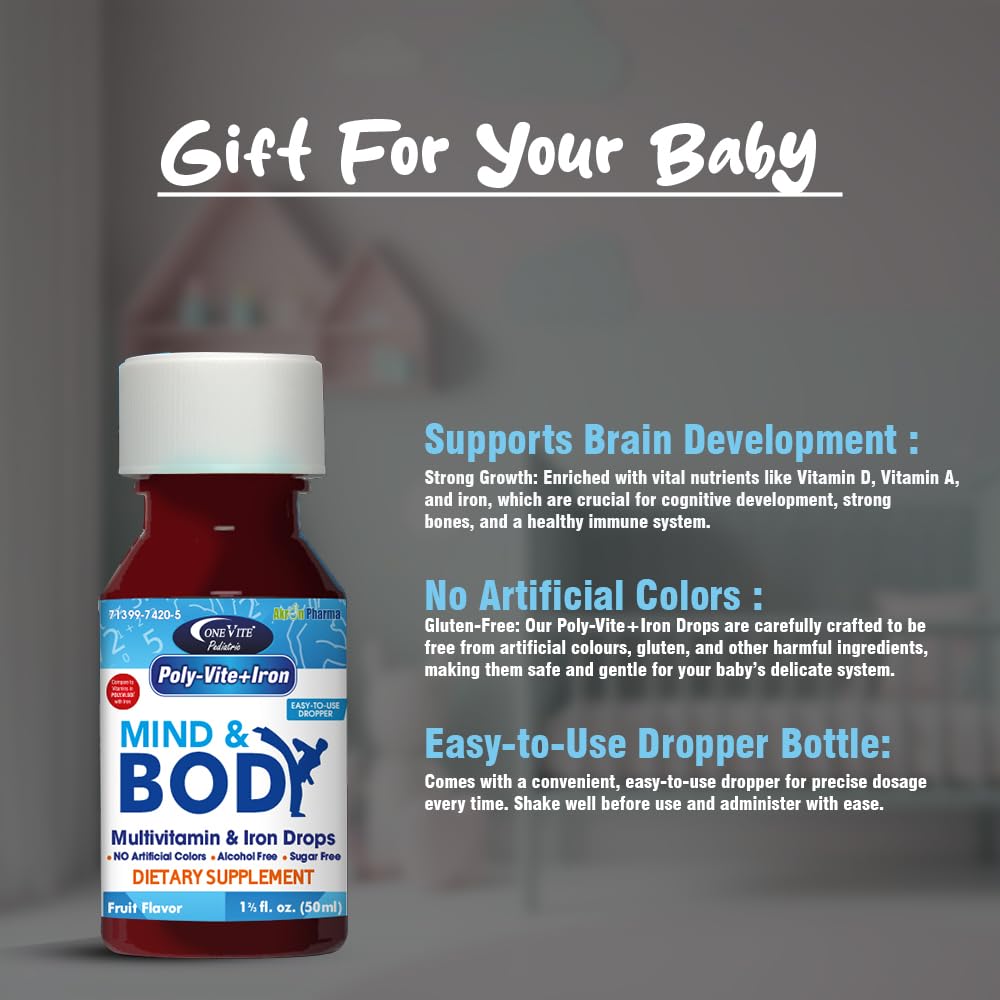 Poly-Vite+Iron Multivitamin Iron Drops for Infants & Toddlers – Supports Strong Growth, Brain Development, Immune Health – No Artificial Colors, Gluten-Free, 50mL Dropper Bottle by One Vite