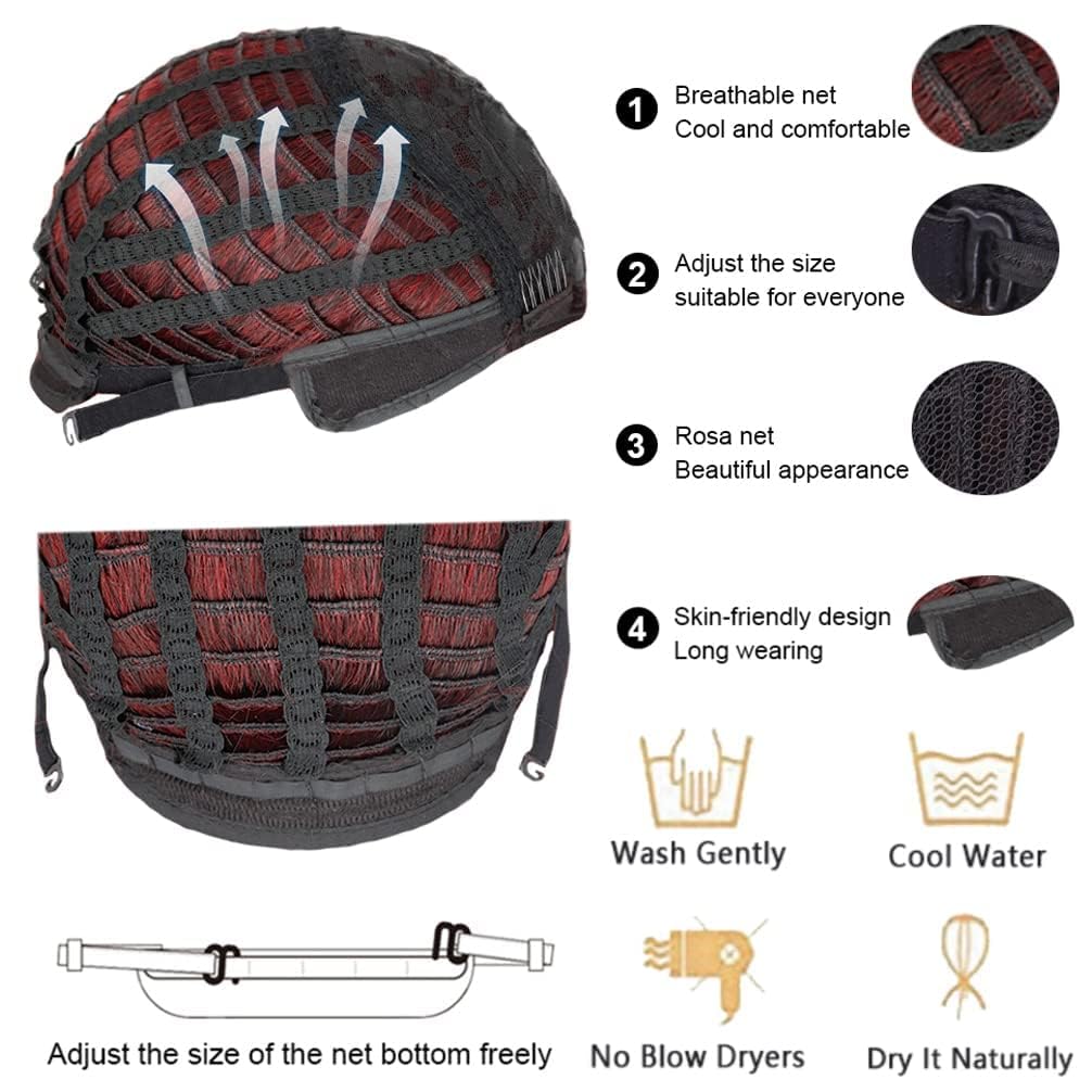 RightOn 14'' Short Curly Women Girl's Charming Synthetic Wig with Air Bangs + Free Wig Cap (Wine Red)