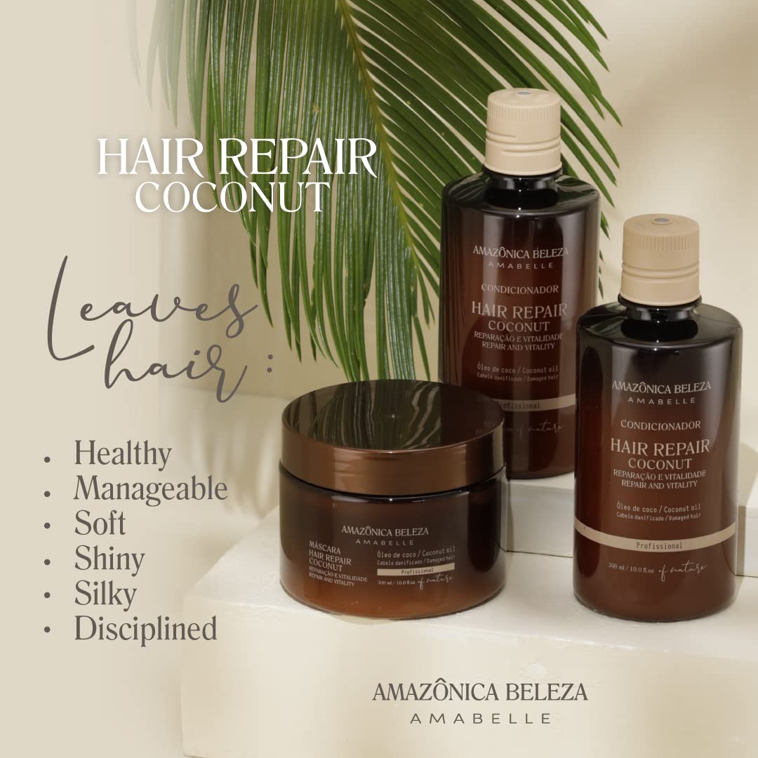 AMAZONICA BELEZA Coconut kIT, Repairs Damaged Hair and Restores Hair Proteins for Healthy, Vital Hair, with Coconut Oil, Sulfate & Parabens Free, Kit Shampoo, Conditioner and Mask, 10 Oz