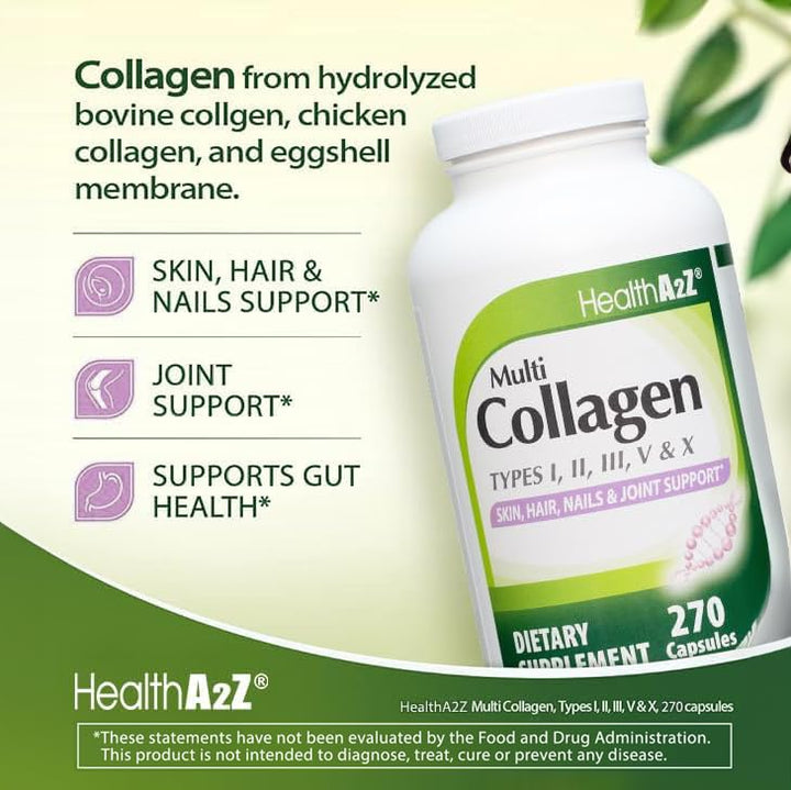 HealthA2Z® Multi Collagen Pills | 1735 mg | 270 Collagen Capsules | Types I, II, III, V & X | for Healthy Skin, Hair, Nails & Joint Support