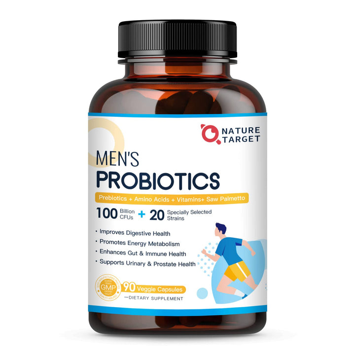 NATURE TARGET Probiotics for Men Digestive Health with Enzymes & Prebiotics, 100 Billion CFUs, Men's Probiotics with Saw Palmetto & Cranberry for Prostate & Urinary Tract Health, 90 Veggie Capsules