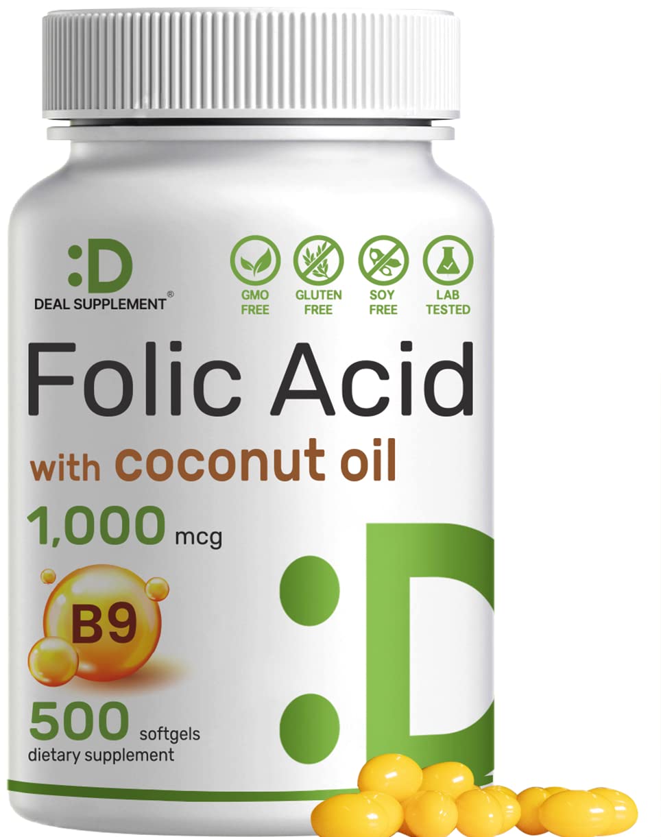 DEAL SUPPLEMENT Folic Acid 1000 mcg (1 mg), 500 Coconut Oil Softgels | Bioavailable Prenatal Vitamins (Vitamin B9) – 1,667 mcg DFE – Easy to Swallow, Non-GMO, & No Gluten