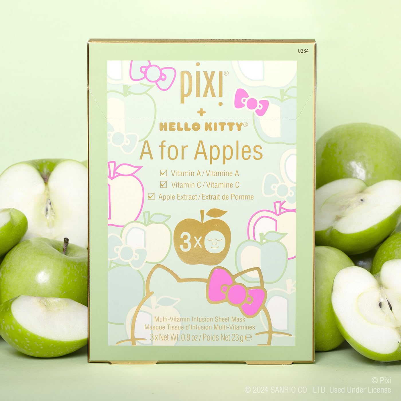 Pixi + Hello Kitty A for Apples Sheet Mask, Instantly Hydrating & Brightening Facial Mask, Infused with Vitamin A, Vitamin C, and Apple Extract, 3 Masks Per Box 3 x 0.8 oz / 23 gm