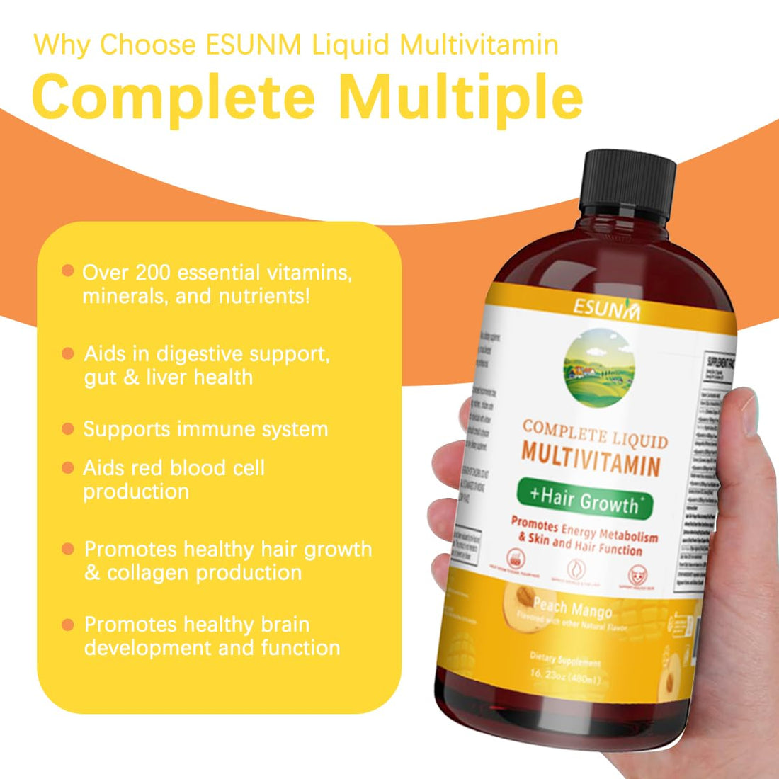 Complete Liquid Multivitamin + Hair Growth, Promotes Energy Metabolism& Skin and Hair Function| Vitamin C D | B Vitamins | Help to Thicker Hair, Wrinkles, Fine Lines, Skin Care (16.23OZ)