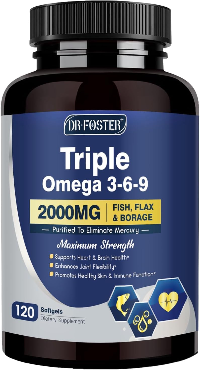 Triple Omega 3-6-9 Fish Oil 2000mg with Vitamin E - EPA & DHA Fatty Acids Supplement - Supports Heart, Brain, Eye, Joint, Skin & Immune Health - Includes Flaxseed & Borage, Non-GMO, 120 Softgels