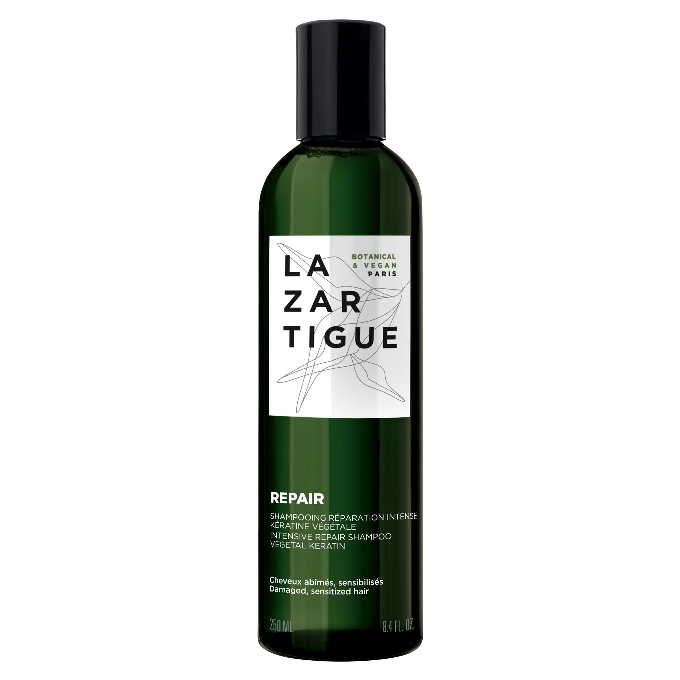 Lazartigue Repair Shampoo, Vegetal Keratin for Deep Repair & Shine, Vegan, Sulfate-Free, Silicone-Free, for Damaged Hair, 8.4 Fl. Oz.
