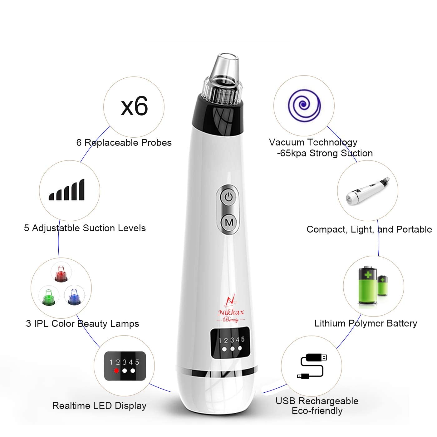 Blackhead Remover Pore Vacuum, Electric Blackhead Vacuum Cleaning Tool with 3 IPL Beauty Lamps & 6 Suction Heads - Pore Extractor, Facial Acne Comedone Cleaner for Women & Men