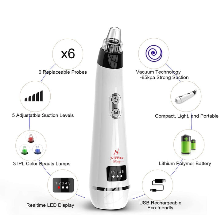 Blackhead Remover Pore Vacuum, Electric Blackhead Vacuum Cleaning Tool with 3 IPL Beauty Lamps & 6 Suction Heads - Pore Extractor, Facial Acne Comedone Cleaner for Women & Men