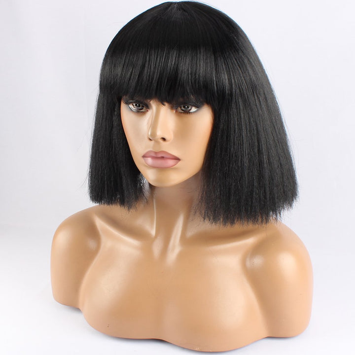 Generic Fashion Wig Womens Short Bob Kinky Straight Full Bangs Synthetic Hairpieces Black