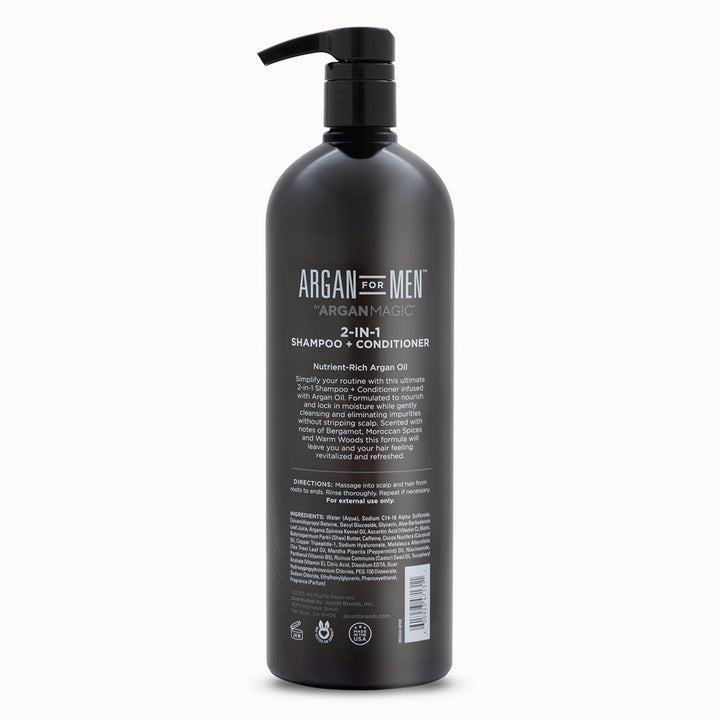 Argan Magic 2-in-1 Men's Shampoo + Conditioner with Argan Oil & Bergamot Scent - Cleanses and Hydrates All Hair Types, Restore Moisture, Boost Shine | Made in USA, Paraben Free, Cruelty Free (32 oz)