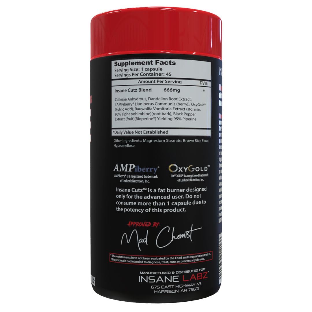 Insane Labz Insane Cutz Intense Fat Burner for Men and Women, Thermogenic Weight Loss Supplement with Dandelion Root Extract Fueled by AMPiberry, Appetite Suppressant - 45 Daily Srvgs (45 Capsules)