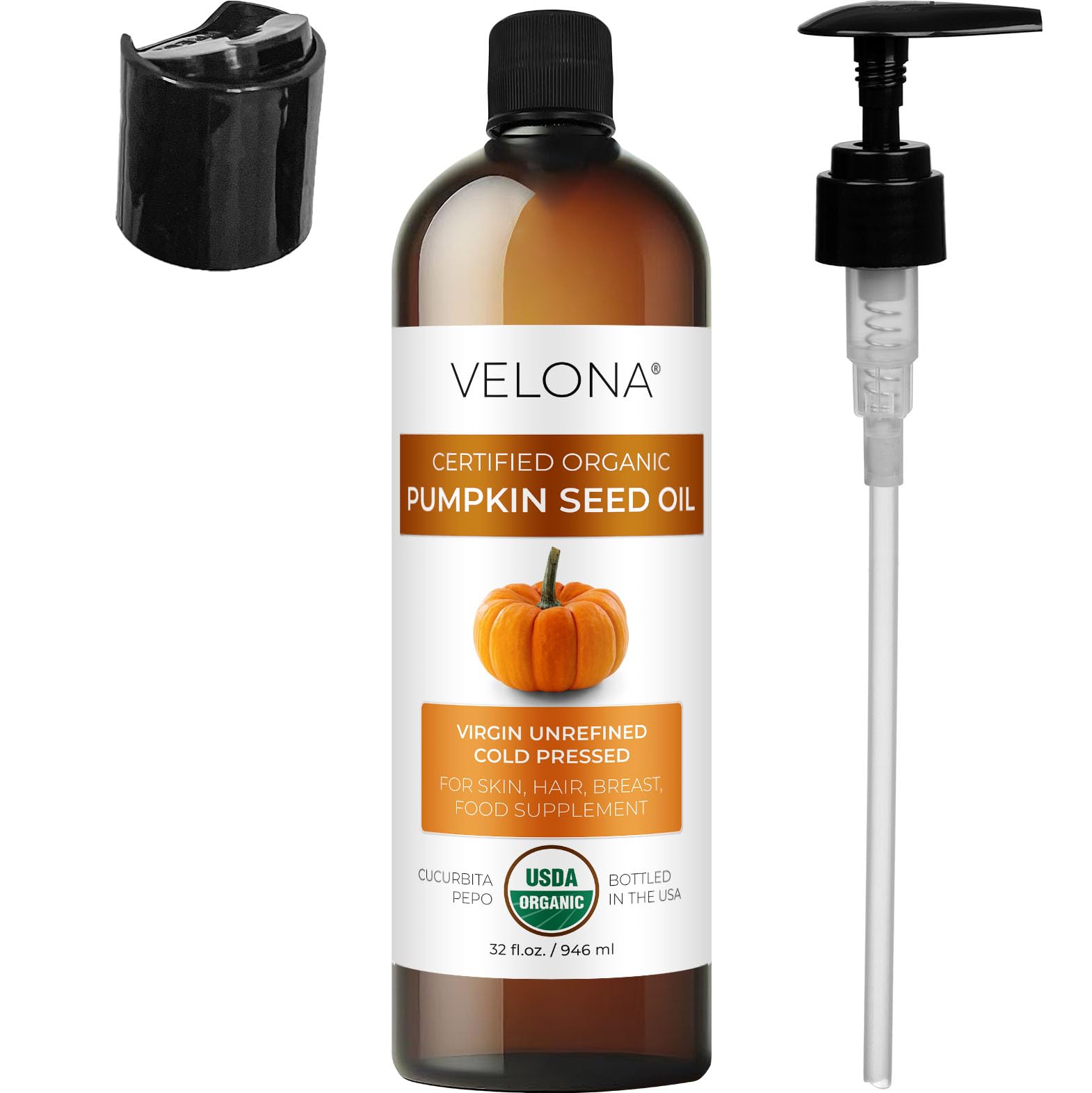 velona Pumpkin Seed Oil USDA Certified Organic - 32 fl oz | 100% Pure and Natural Carrier Oil | Unrefined, Cold Pressed | Cooking, Face, Hair, Body & Skin Care | Use Today - Enjoy Result