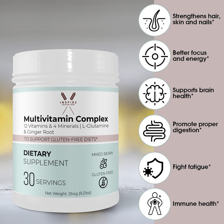 Inspire Gluten Free - multivitamin Powder, Celiac Supplement, Gluten Free Vitamins and Minerals - Immune Support zinc biotin b6 b2 niacin Calcium Natural Iodine kelp