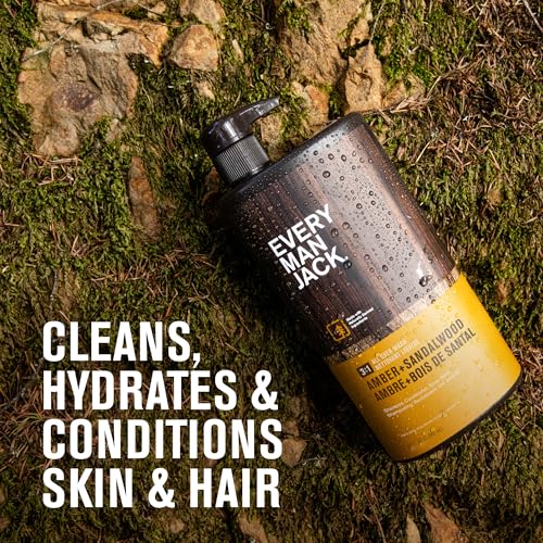 Every Man Jack Amber + Sandalwood Hydrating Mens 3-in-1 All Over Wash for All Skin and Hair Types - Body Wash, Shampoo and Conditioner with Naturally Derived Ingredients - 28.8oz (2 Pack)