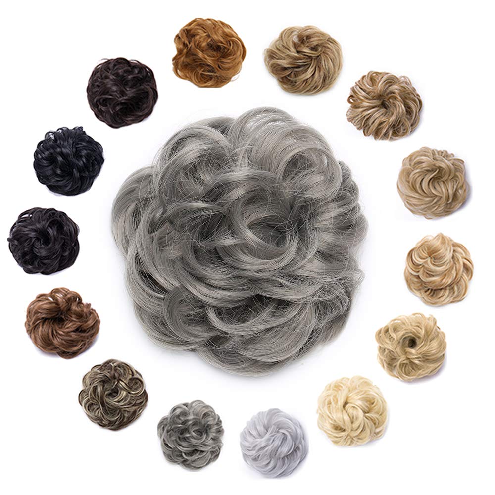 Hairro Messy Hair Bun Synthetic Scrunchy Donut Wavy Updo Elastic Scrunchie Thick Full Wedding Hair Pieces Bridal Hairpiece Easy Bun Updos for Women Kids 1pcs 40g Dark Gray