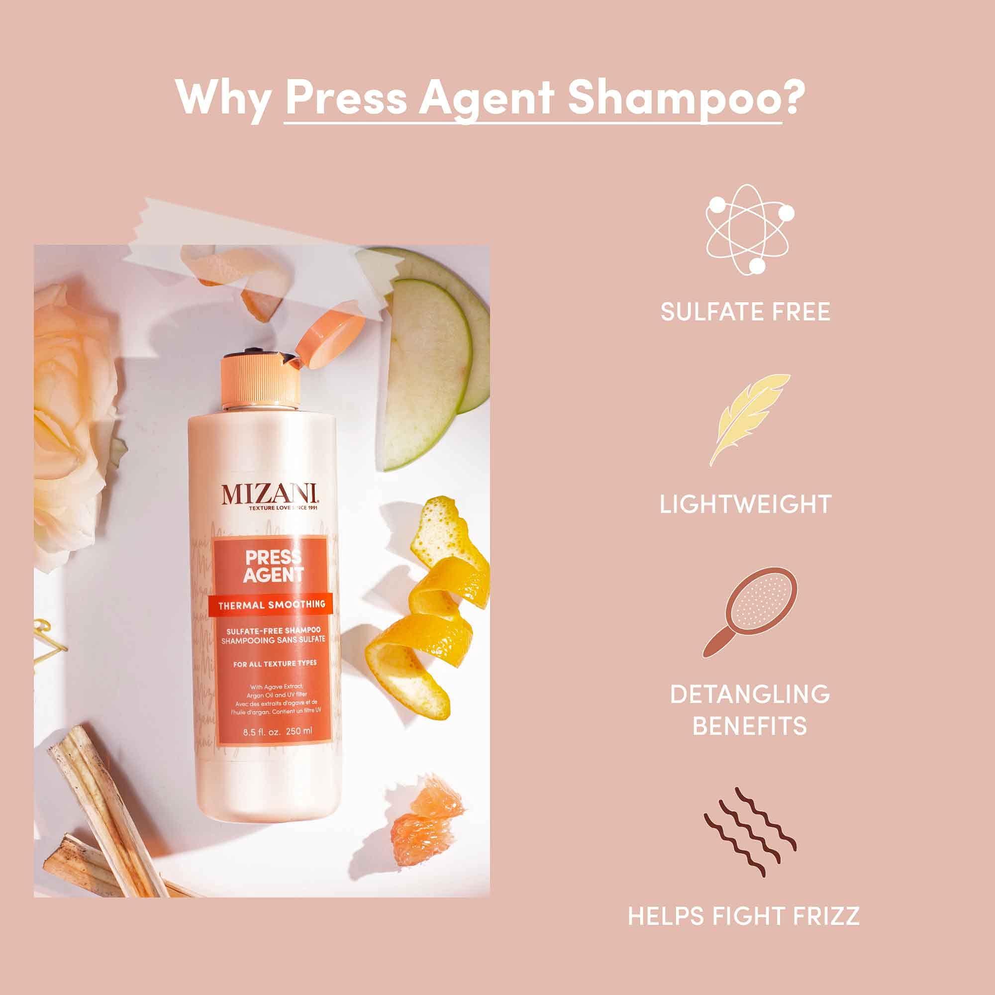 Mizani Press Agent Thermal Smoothing Sulfate-Free Shampoo, Pink Grapefruit, juciy Mandarin with a floral medley of Jasmine, Rose & Freesia, ending on notes of Musk & Wood., 8.5 fl. oz