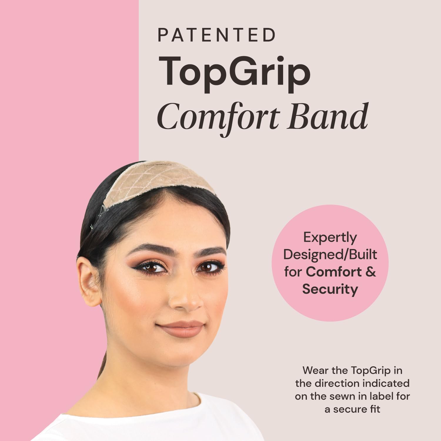 MILANO COLLECTION TopGrip Comfort Band for Small Base Toppers, Adjustable Translucent Strap, Side Openings to Secure Your Wig or Topper, Includes Clips, Beige, Small