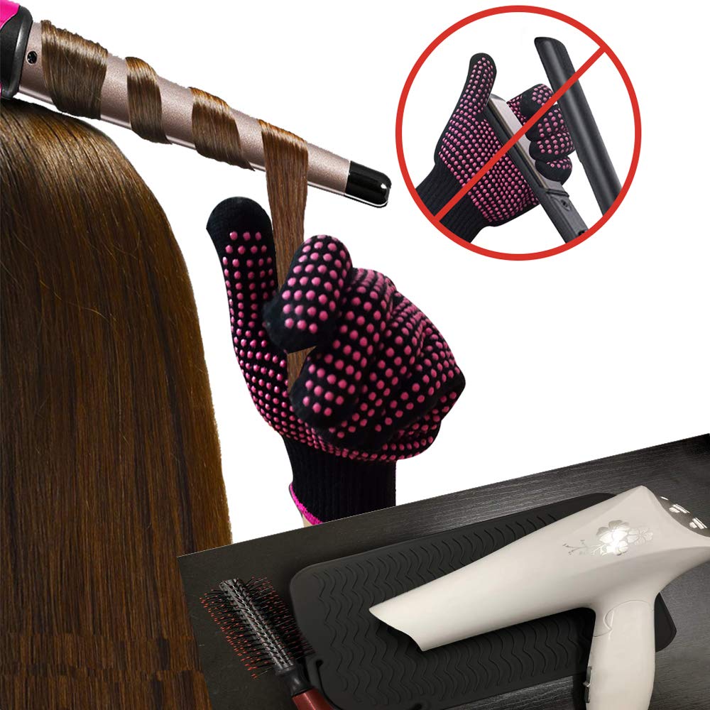 Curling Iron Mat, Heat Resistant Mat with Heat Resistant Glove for Hair Straightener, Flat Irons, 8.7ââ‚¬Âx5.2ââ‚¬Â Silicone Bump Glove, 9ââ‚¬Â x 6.5ââ‚¬Â Food Grade Silicone Mat, Black