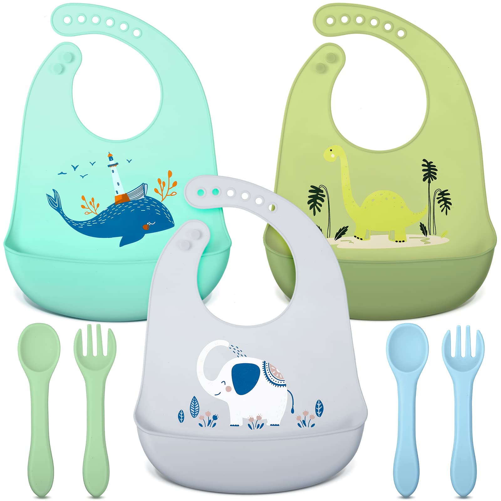 Zhanmai 3 Pack Silicone Bibs for Babies with Spoon Fork Silicone Feeding Bibs for Toddlers Boys Kids Girls (Vivid Style)