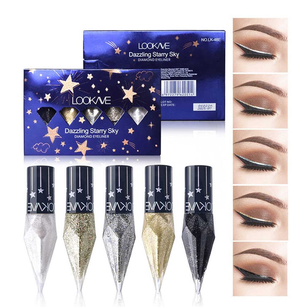 Go Ho Glitter Liquid Eyeliner Colorful Set,5 Colors Metallic Shimmer White Black Silver Gold Diamond Eyeliner,Glitter Eye Liner Sticks,Waterproof Long Lasting Sparkle Eye Makeup