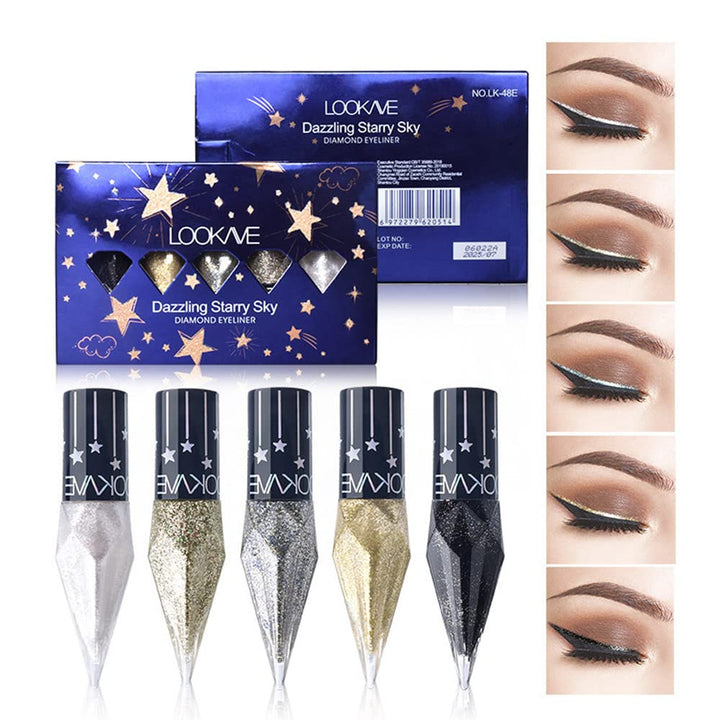 Go Ho Glitter Liquid Eyeliner Colorful Set,5 Colors Metallic Shimmer White Black Silver Gold Diamond Eyeliner,Glitter Eye Liner Sticks,Waterproof Long Lasting Sparkle Eye Makeup