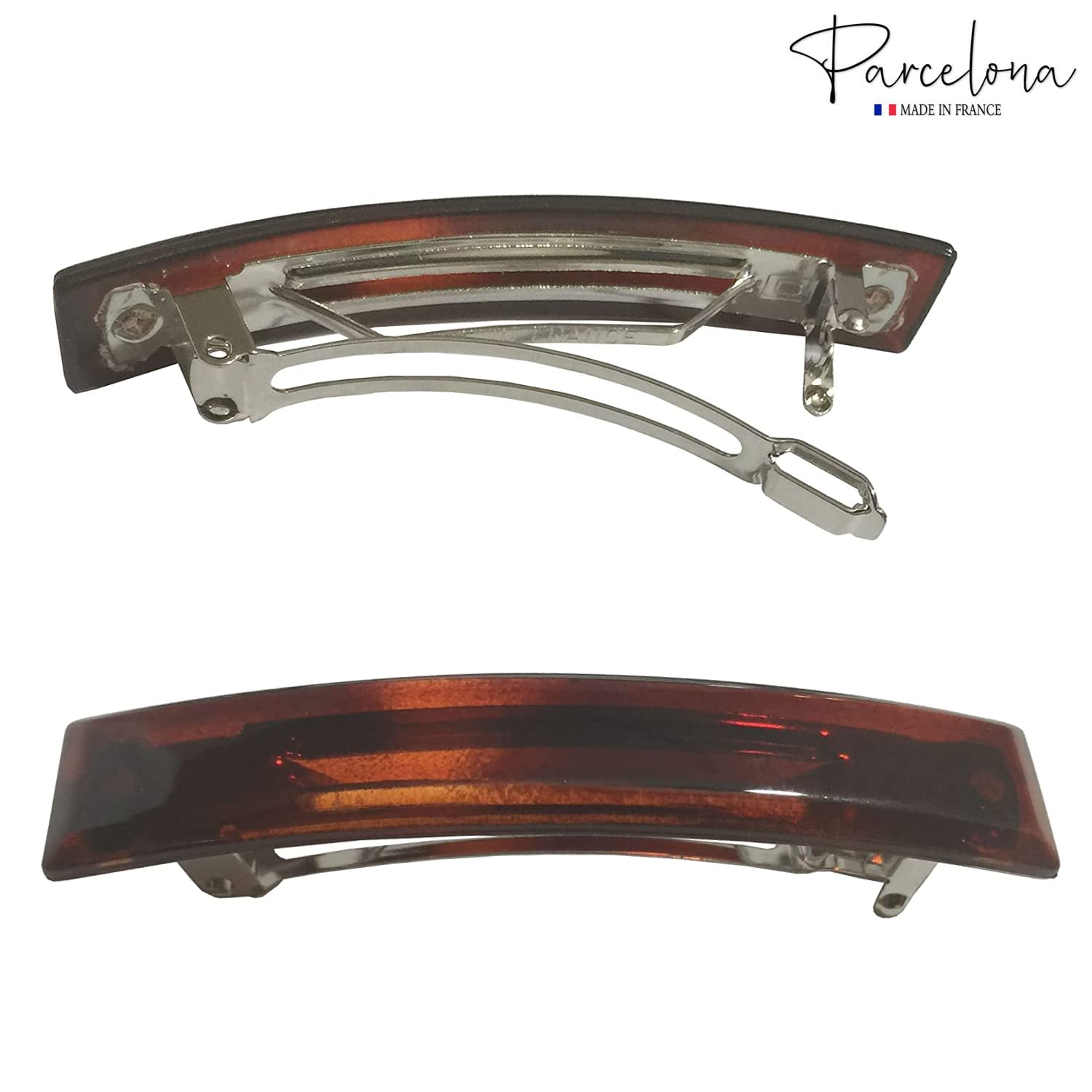 Parcelona French Large Bar Set of 2 Black N Shell Brown Celluloid Automatic Hair Clip Barrette