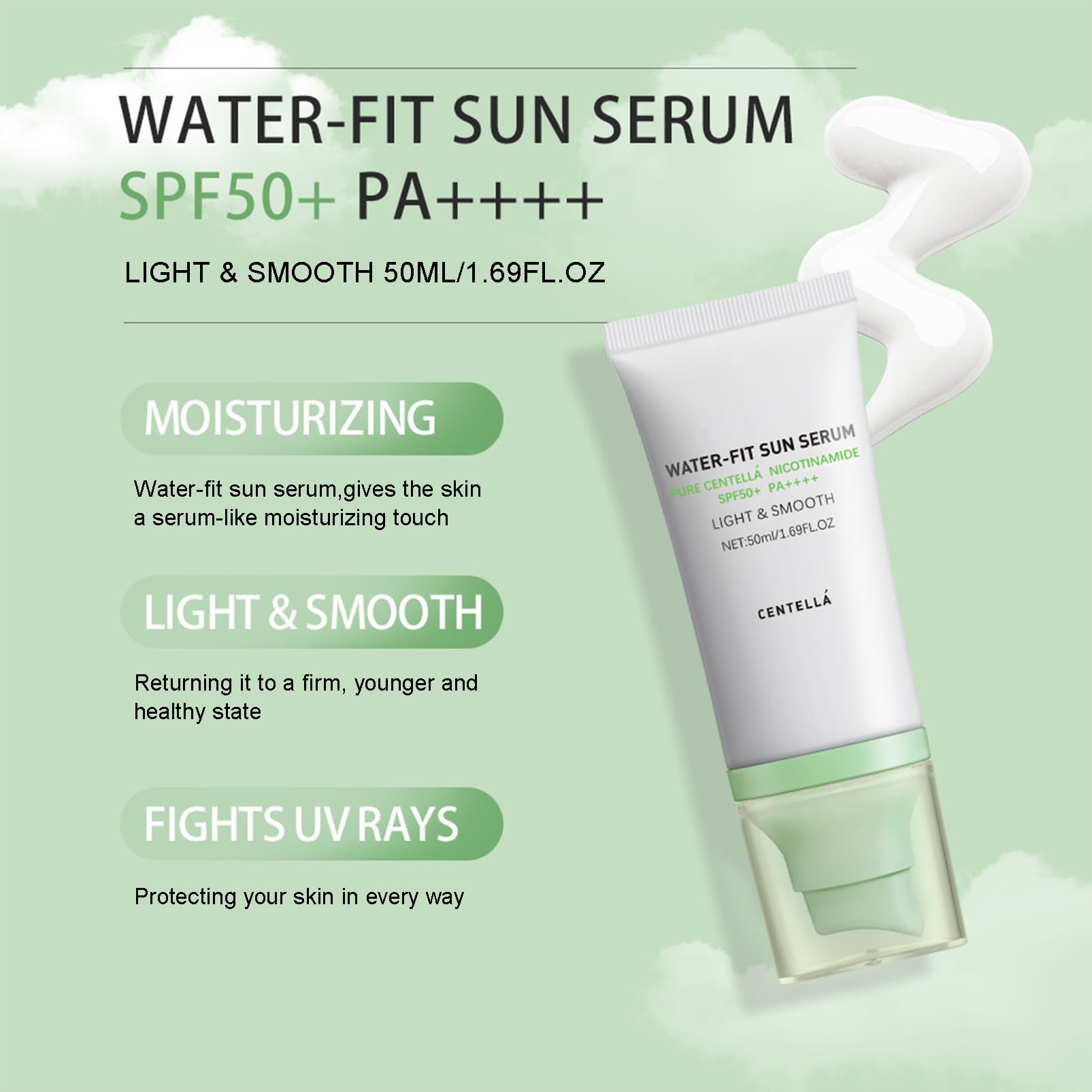á Sunscreen SPF 50, Hyalu Cica Water-Fit Sun Serum, Face Sun Screen Long-Lasting Protection, Cen-tella Madagascar Sunscreen, NO White Cast - Dry Oily Skincare (Green 1)