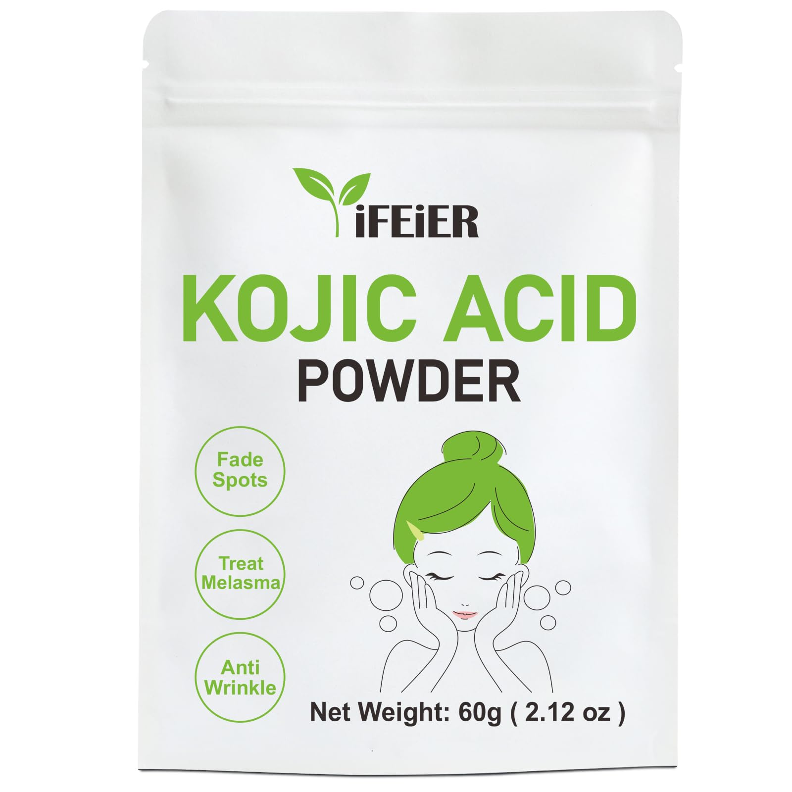 iFEiER Pure Kojic Acid Powder 60g(2.12oz) for Skincare Products and Homemade Cosmetics. Natural and Organic Kojic Acid Dipalmitate Powder for DIY lotions | creams | serums | soaps