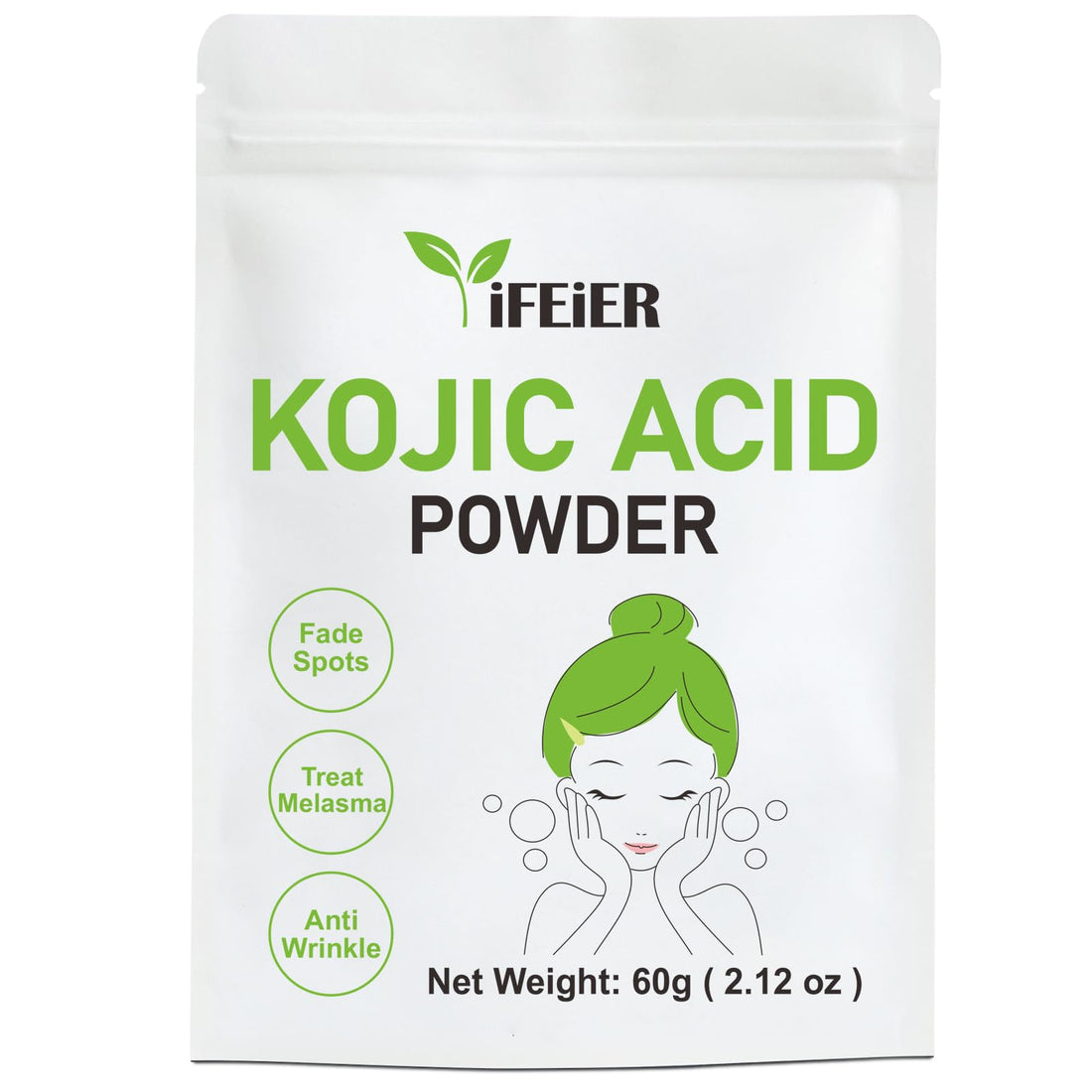 iFEiER Pure Kojic Acid Powder 60g(2.12oz) for Skincare Products and Homemade Cosmetics. Natural and Organic Kojic Acid Dipalmitate Powder for DIY lotions | creams | serums | soaps