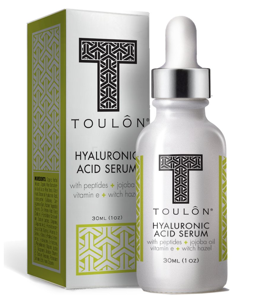 TOULON Natural and Organic Hyaluronic Acid Serum for Face with Peptides, Jojoba Oil, Vitamin E and Witch Hazel