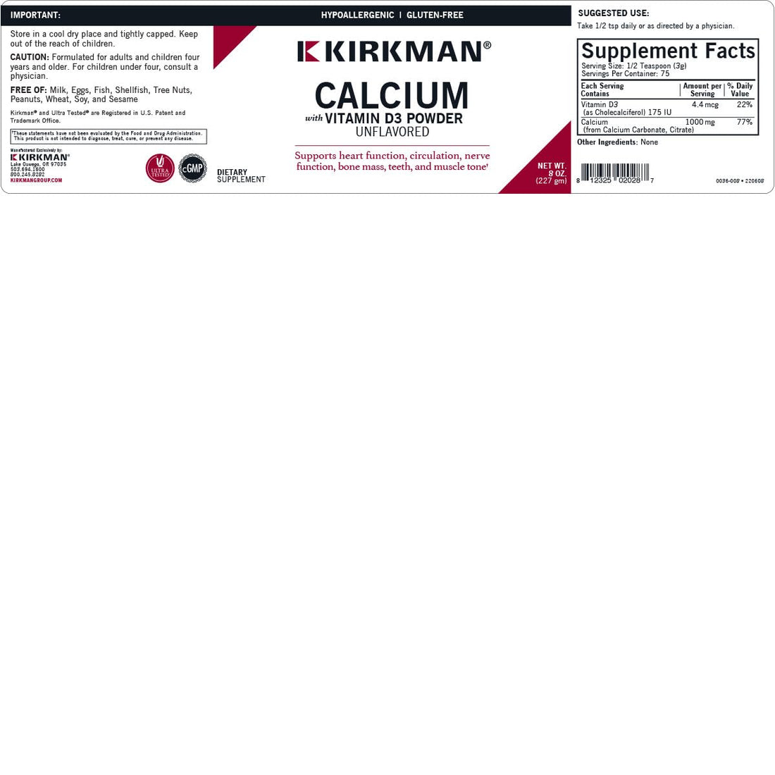 Kirkman - Calcium with Vitamin D3 Powder - 8 oz - Essential Minerals - Helps Maintain Strong Bones - Unflavored