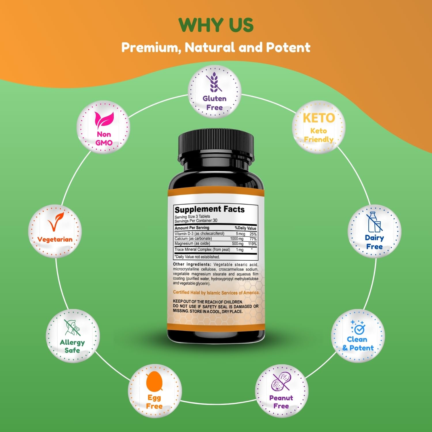 SHIFAA NUTRITION Halal Calcium Magnesium Supplement w/Vitamin D3 | Calcium 1,000 mg, Magnesium 500mg | 30 Servings, Non-GMO | Structure & Bone Strength, Teeth, Cardiovascular & Muscle Support