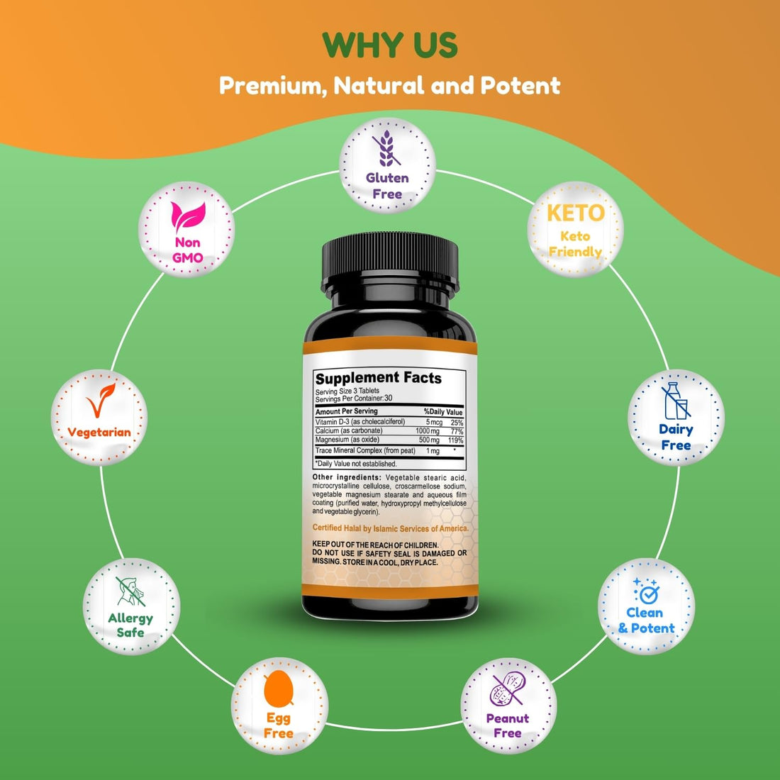 SHIFAA NUTRITION Halal Calcium Magnesium Supplement w/Vitamin D3 | Calcium 1,000 mg, Magnesium 500mg | 30 Servings, Non-GMO | Structure & Bone Strength, Teeth, Cardiovascular & Muscle Support