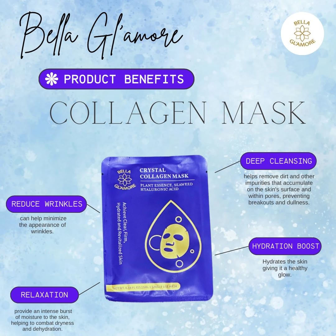 Bella Gl'amore Crystal Collagen Beauty Facial Mask, Facial Spa Mask, Plant Essence, Seaweed, Hyaluronic Acid, Hydrating, Moisturizing, Revitalizing, Anti-Aging, 10-Pack