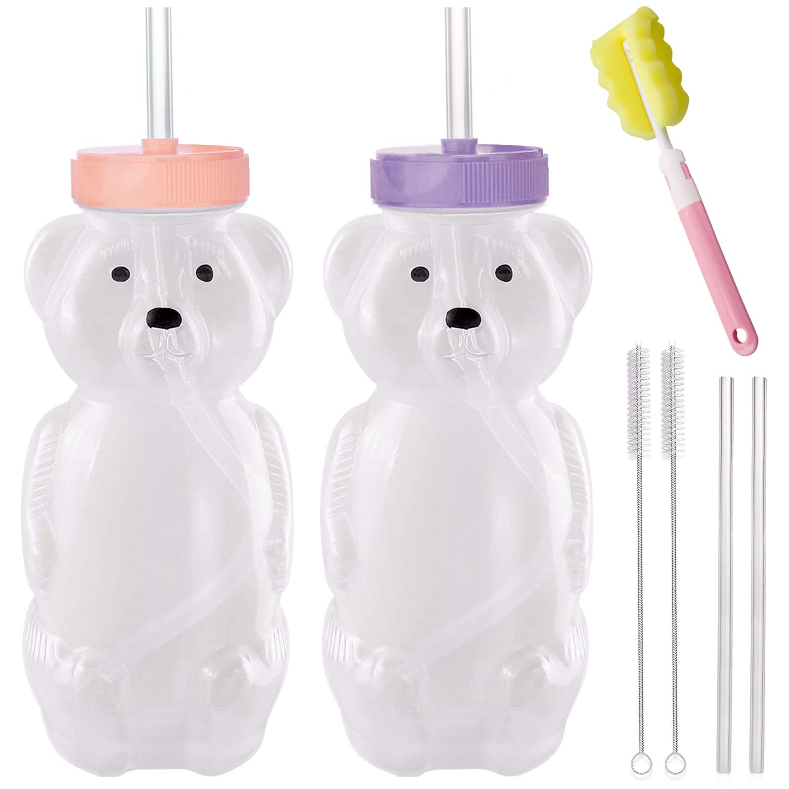Honey Bear Straw Cups, Juice Bear Bottle Drinking Cup Long Straws with 4 Flexible Straws & Cleaning Tools, 8-Ounce Therapy Sippy Bottles for Speech and Feeding Training, Food-Grade & BPA Free 2 Pack