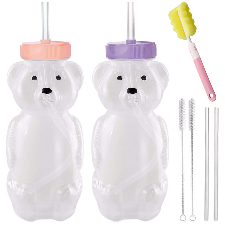 Honey Bear Straw Cups, Juice Bear Bottle Drinking Cup Long Straws with 4 Flexible Straws & Cleaning Tools, 8-Ounce Therapy Sippy Bottles for Speech and Feeding Training, Food-Grade & BPA Free 2 Pack