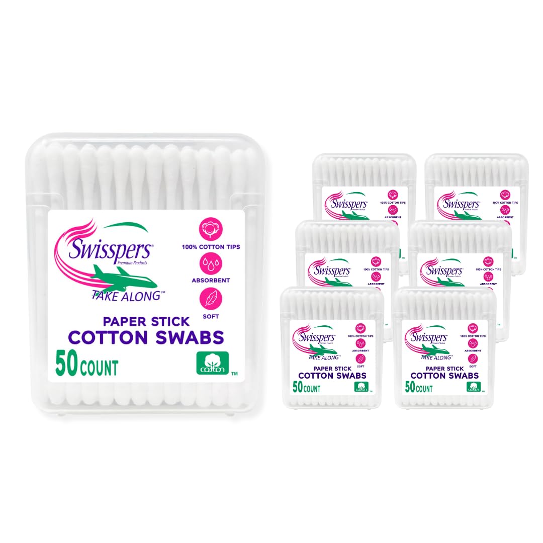 Swisspers Premium Take Along Cotton Swabs, White Paper Sticks, 50-Count (Pack of 6)