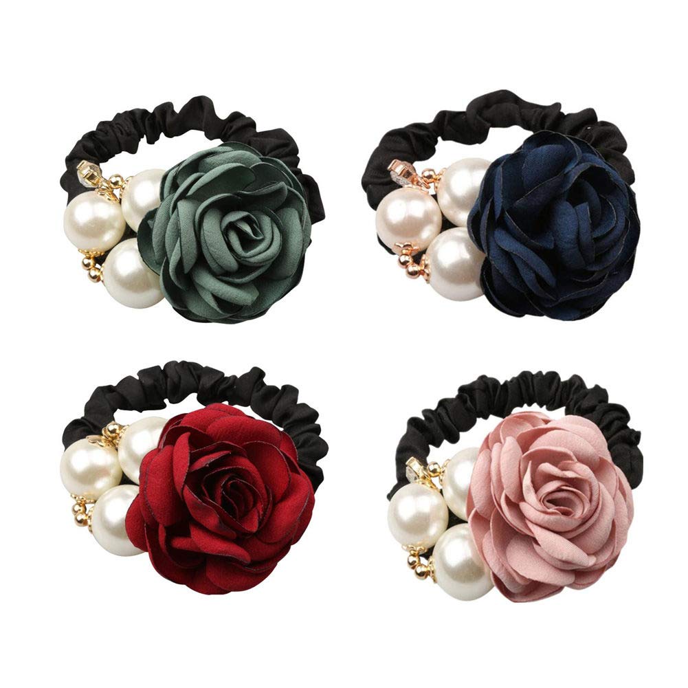 Lovef 4Pcs Korean Fashion Pearl Hair Rope Rose Flower Hair band Rhinestone Hair Ties Rubber Band Hair Jewelry