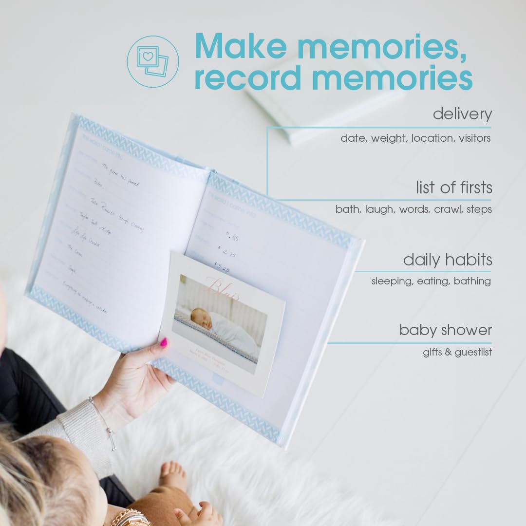 Pearhead Baby Memory Book, First 5 Years Baby Milestone Book, Pregnancy Journal, Gender Neutral Newborn Keepsake, With Clean-Touch Ink Pad For Baby's Handprint or Footprint, Blue Chevron