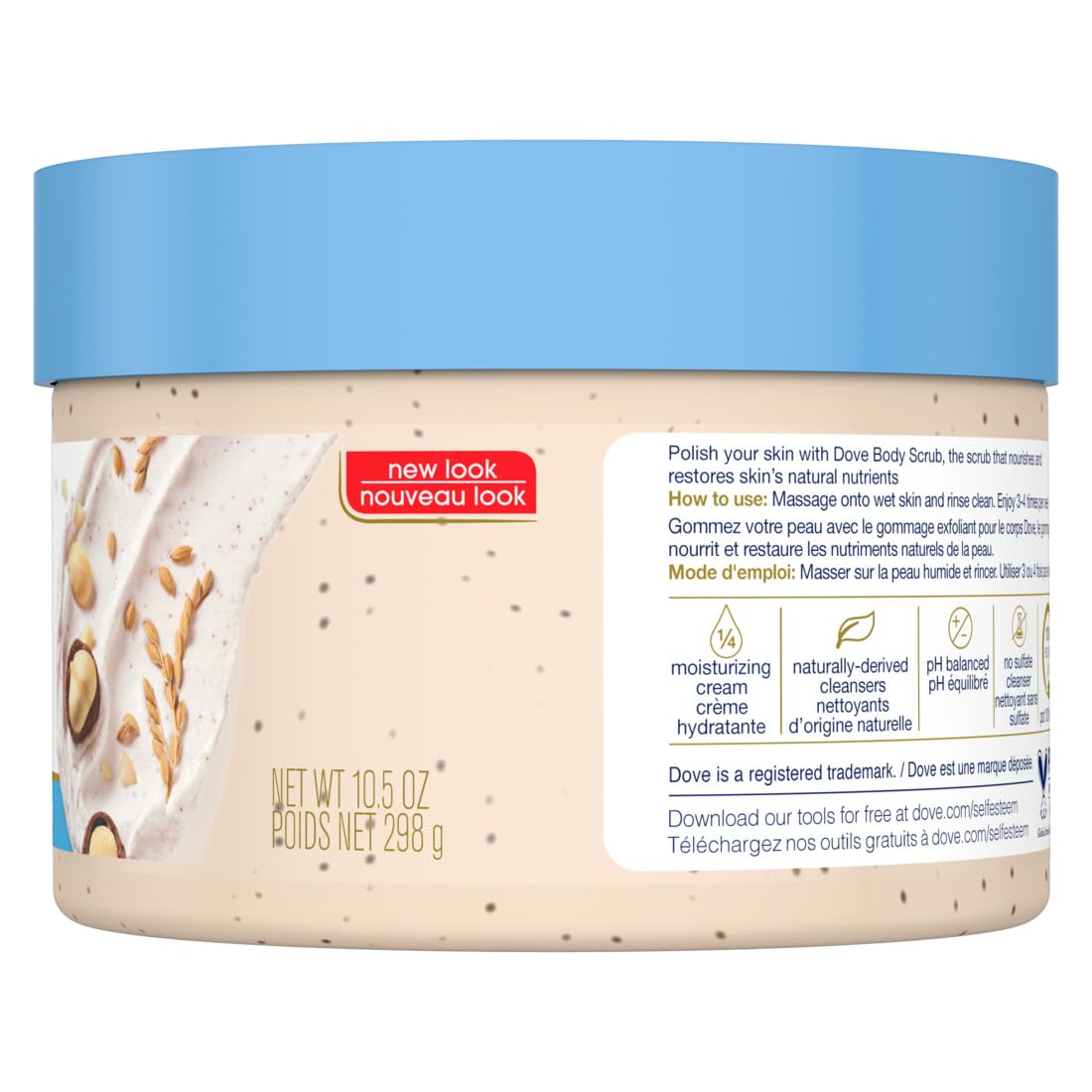 Dove Exfoliating Body Polish Scrub Reveals Visibly Smoother Skin Macadamia & Rice Milk Body Scrub That Nourishes Skin, 10.5 oz, 4 Count