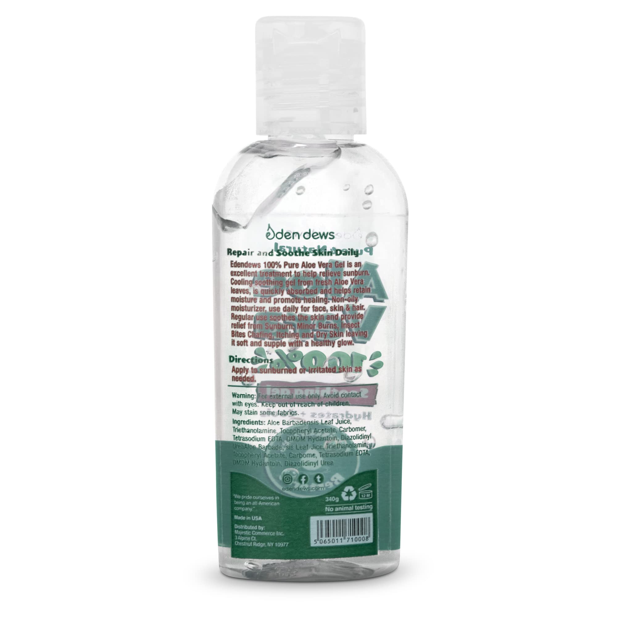 Eden Dews Organic Aloe Vera Gel 100% Pure & Natural Gel, Moisturizing, Face Skin & Hair Care, Sun Burn Relief, Hydrate + Soothe Dry Skin, Acne, Razor Bumps, Made in USA, Travel Size, (1, (2 Oz))