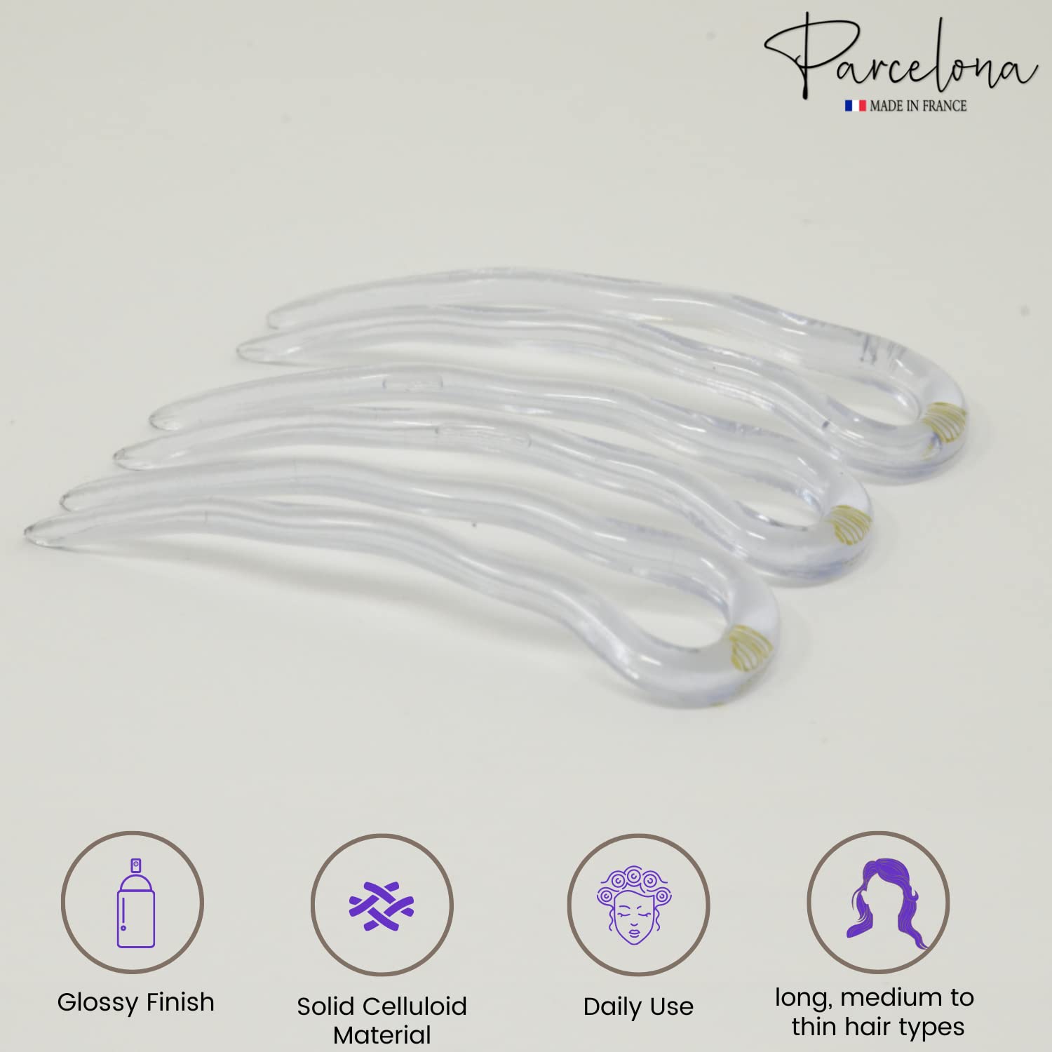 Parcelona French Mystic Crystal Clear Transparent 3 Inch Wavy Set of 3 Celluloid U Shaped Hair Pins for Hair Bun Style for Women and Girls Hair Styling Accessories, Made in France