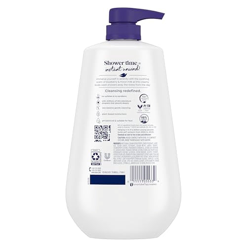 Dove Body Wash For 24hr Lotion-Soft Skin 3 Count Unwind Blueberry & Moon Milk Moisturizing Skin Cleanser with No Sulfates No Parabens