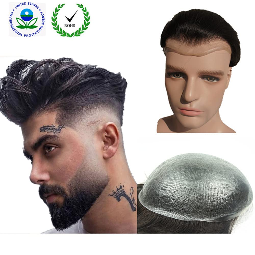 PU Skin Toupee for Men, N.L.W. European Human Hair Pieces for Men with 10 x 8 PU Thin 0.04cm Skin, 1B Off Black
