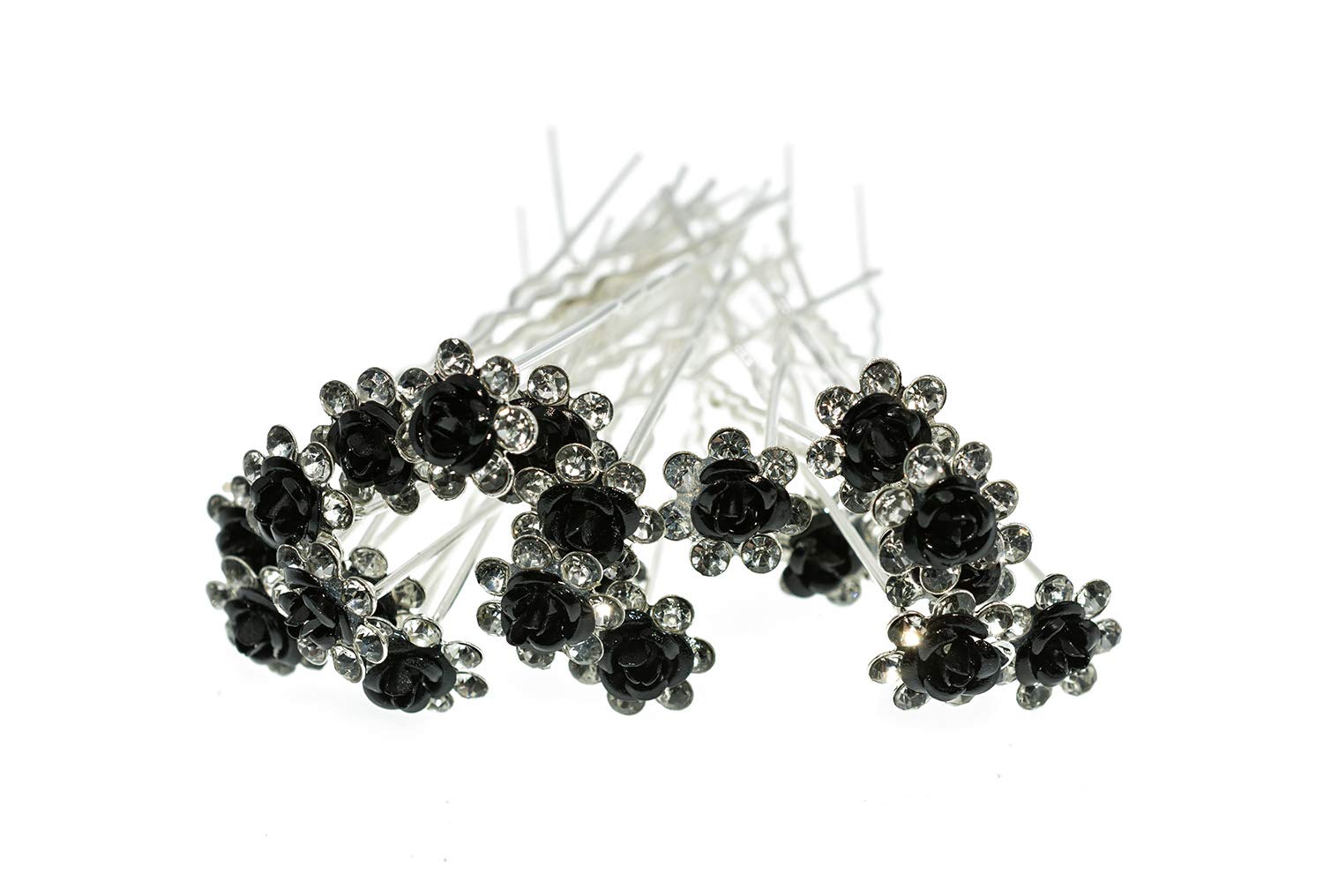 AKOAK 20 Pcs/Lot Women Wedding Bridal Clear Crystal Rhinestone Rose Flower Hair Pin Clips Hair Accessories Jewelry Barrettes Headwear(Black)