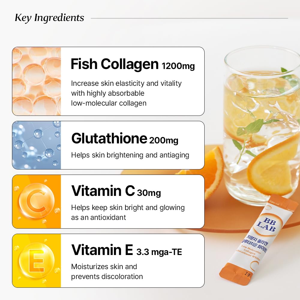 BB LAB Collagen Glutathione White, Low Molecular Korean Collagen & Glutathione Stick Supplement, Fish Collagen Peptides, Vitamin C, Vitamin E, Glutathione, Fast abosorption, Orange Flavor