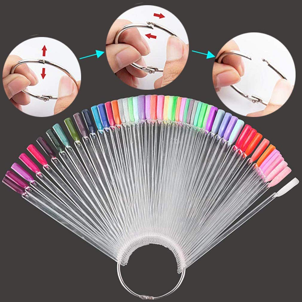 150 Pcs Clear Nail Swatch Sticks with Ring, Fan Shape Nail Art Tips, False Nail Sample Sticks, Nail Practice Color Display, Transparent Board