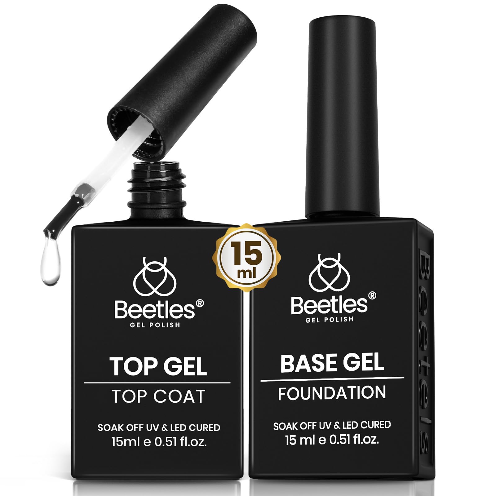 Beetles No Wipe Gel Top Coat and Base Coat Set for Gel Polish - 2Pcs 15ml Super Shiny and Long Lasting for Soak Off LED Nail Lamp Halloween Nail Art Design