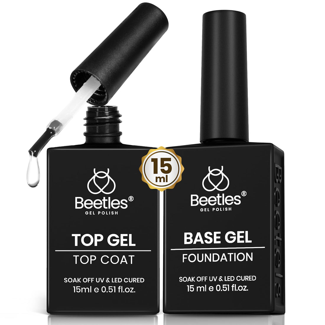 Beetles No Wipe Gel Top Coat and Base Coat Set for Gel Polish - 2Pcs 15ml Super Shiny and Long Lasting for Soak Off LED Nail Lamp Halloween Nail Art Design