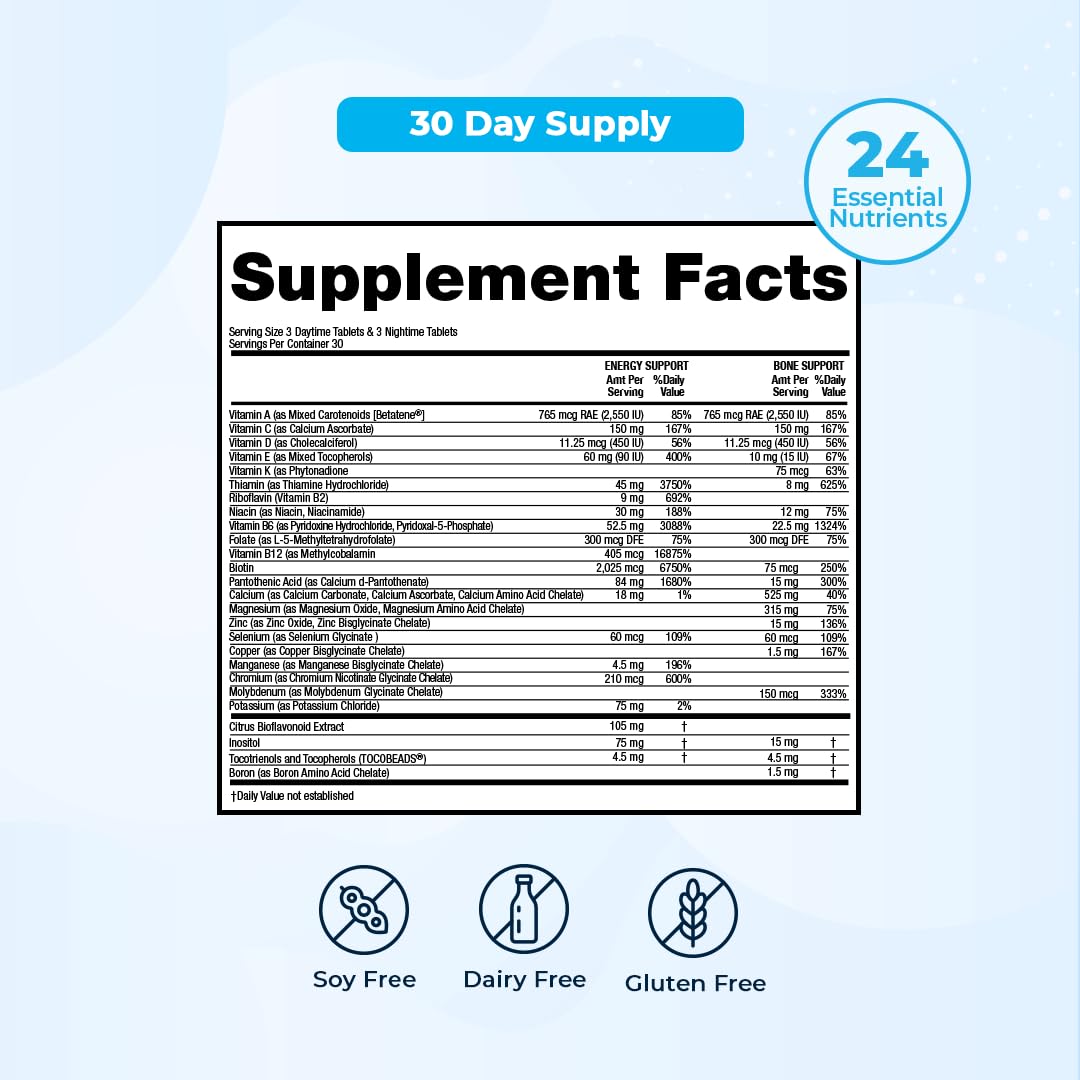 Multivitamin Day & Night Routine | Energy & Mental Clarity, Bones & Joints, Beauty, Restful Sleep | 30-Day Supply | Vitamins A, C, D, E, B-Complex | Magnesium, Biotin, Zinc, Botanicals, & Minerals